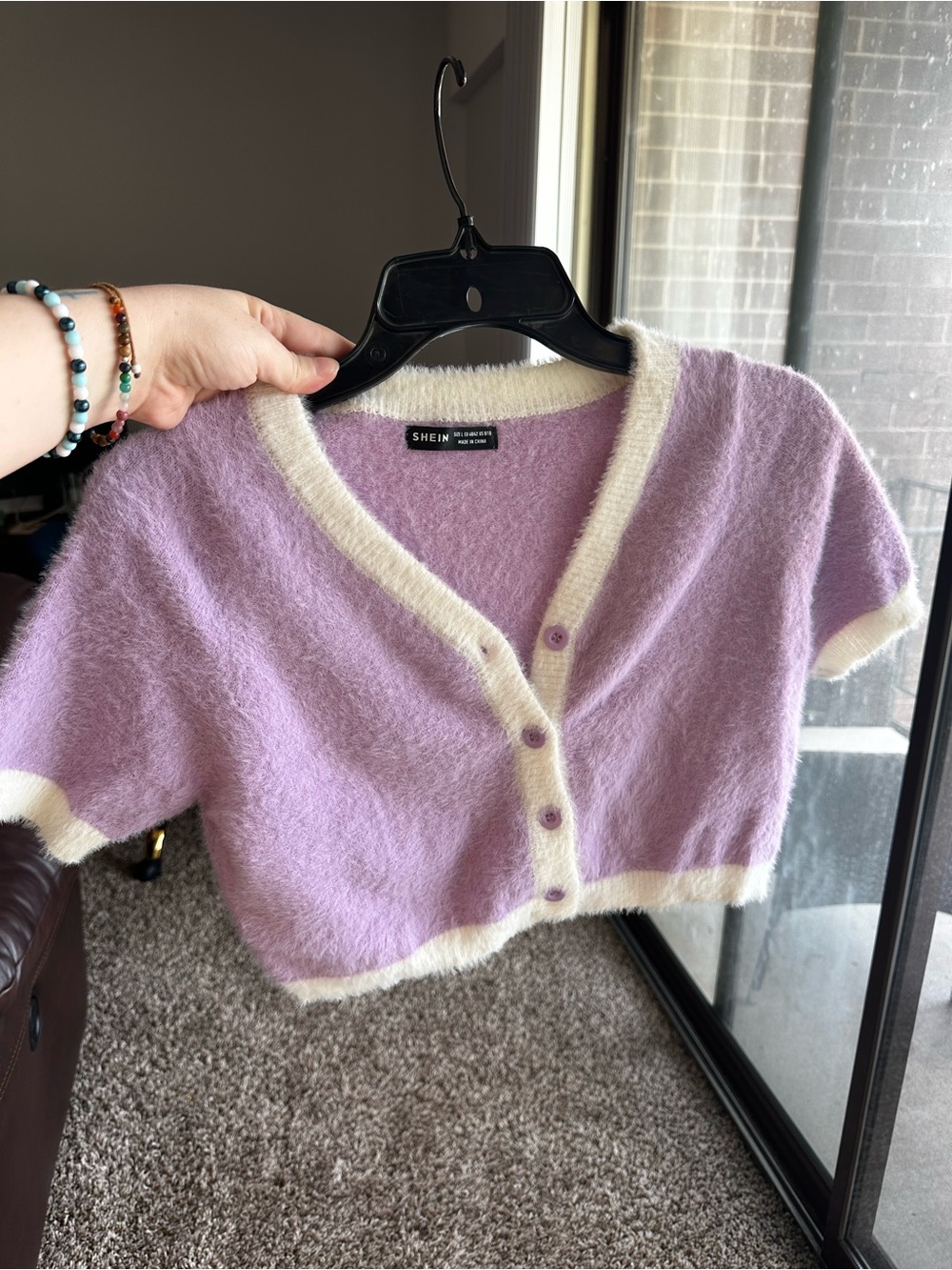 SHEIN Lavender Cropped Fuzzy Eyelash V-Neck Cardigan with Cream Trim